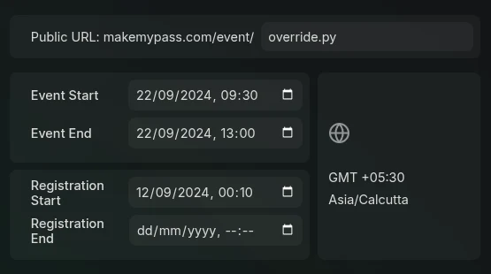 MakeMyPass event management interface showing dates, registration and timezone controls